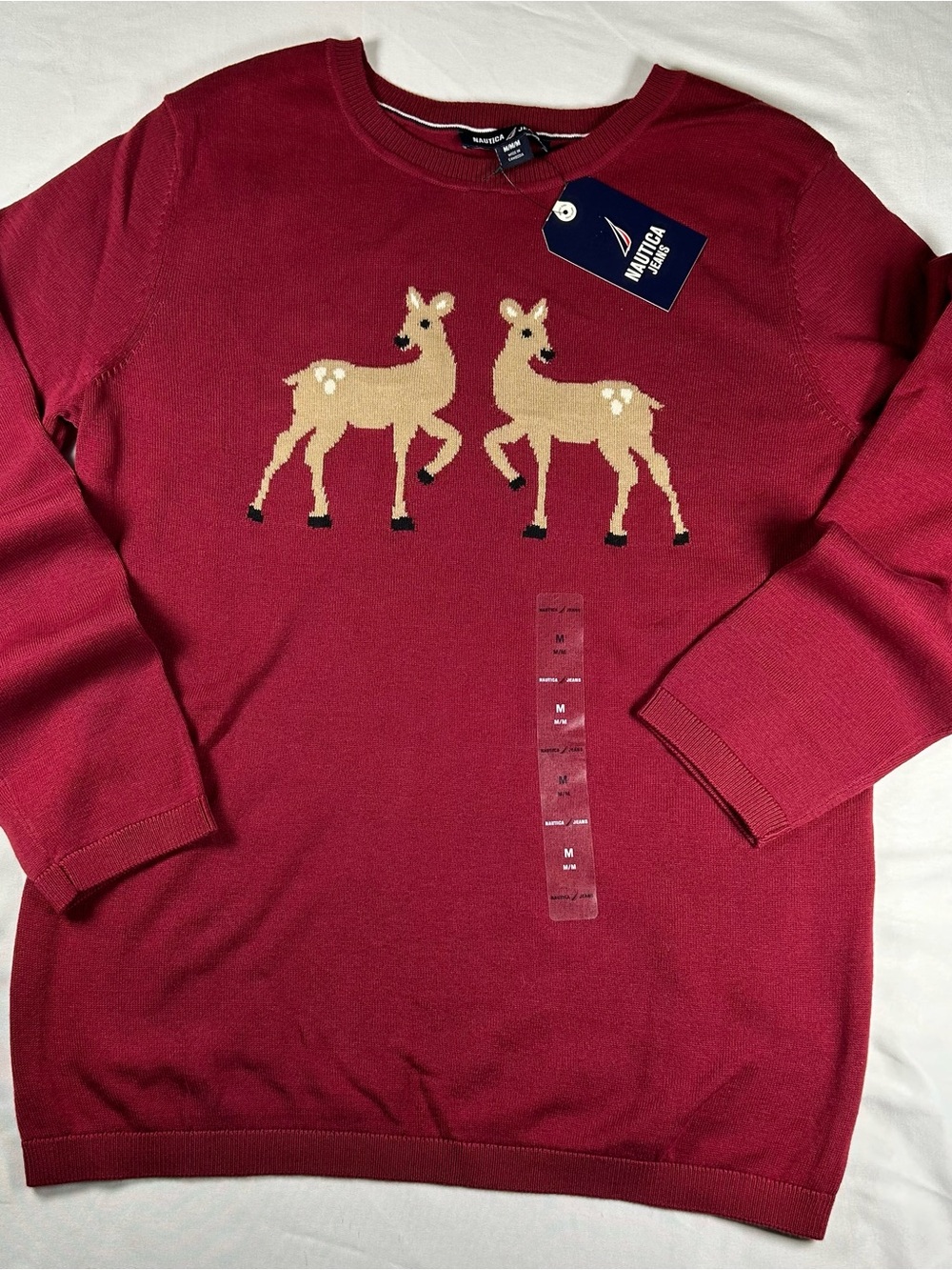Nautica women’s Burgundy Crewneck Sweater with Beige Deer Intarsia
